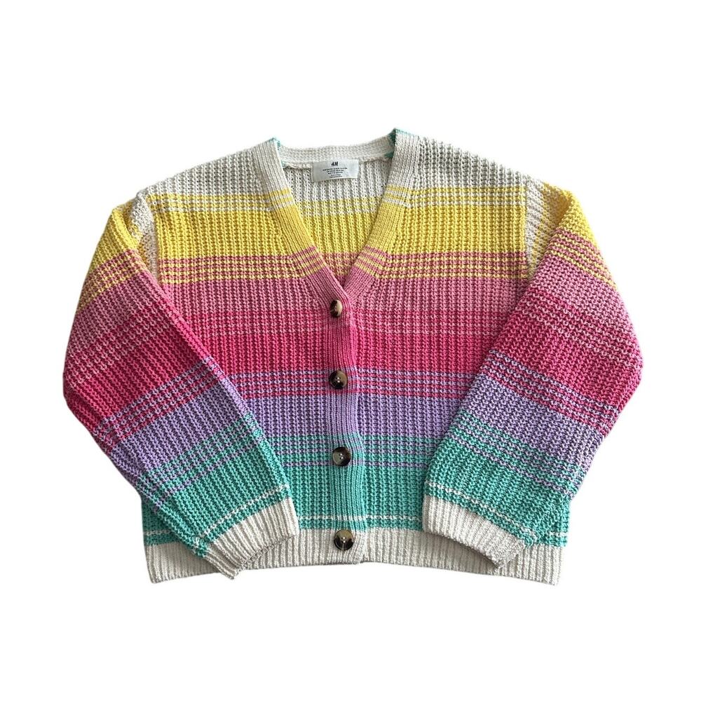 H&M Girls Rainbow Striped Colorful Cardigan V-neck Sweater US 8-10